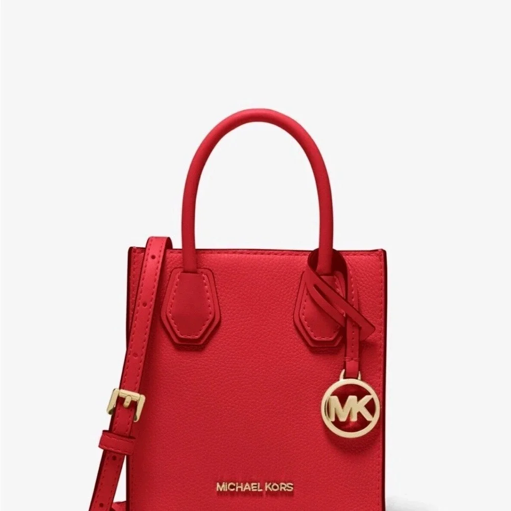 Michael Kors Mercer XS NS Shopper Crossbody Flame Red Leather Bag 35S1GM9T0L